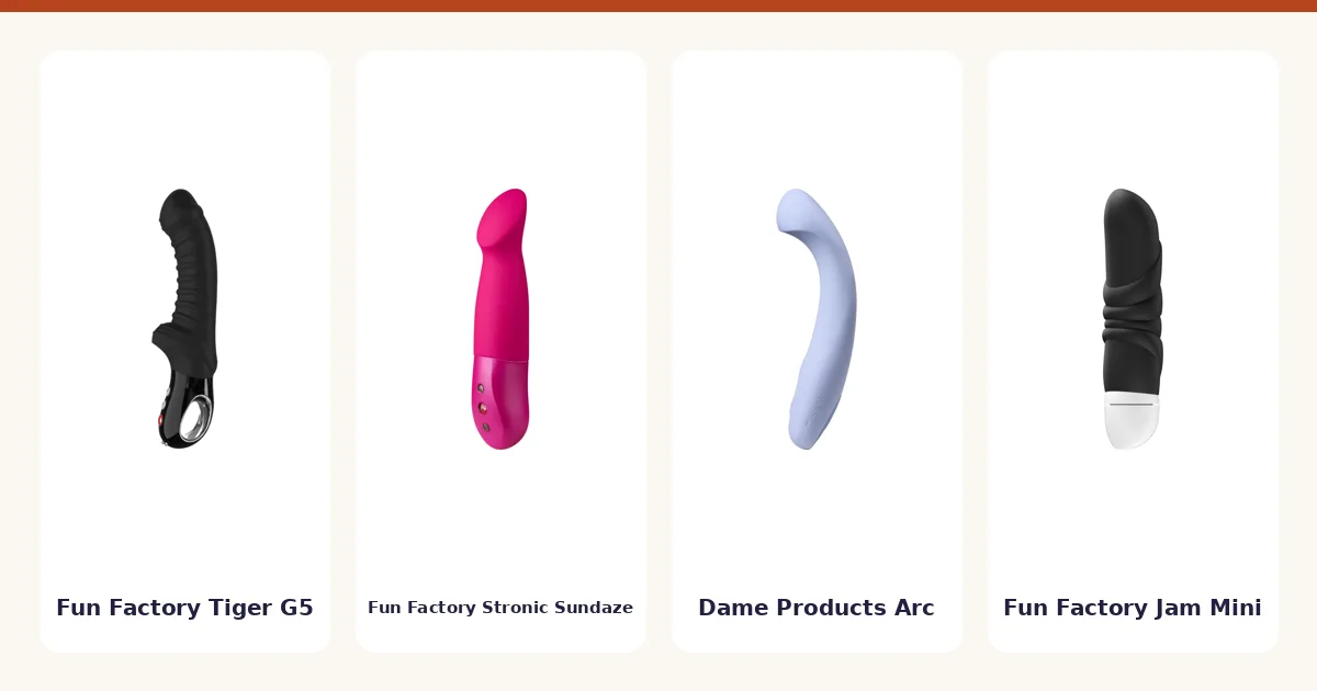 Quatre vibromasseurs du classement côte à côte : Fun Factory Tiger G5, Fun Factory Stronic Sundaze, Dame Products Arc et Fun Factory Jam Mini
